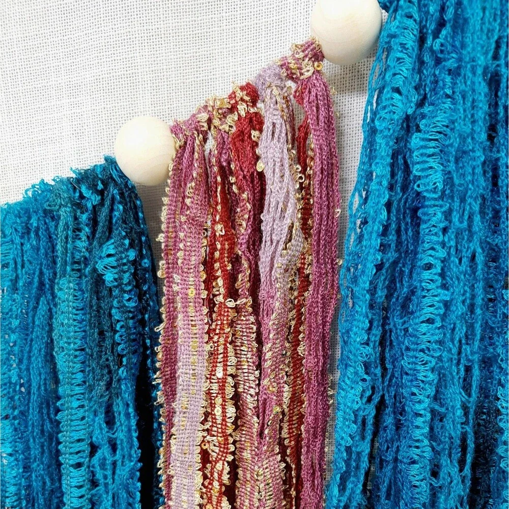 Boho Garland Wall Hanging Decor Wooden Beads Lace Ribbons Blue Pink Gold NEW